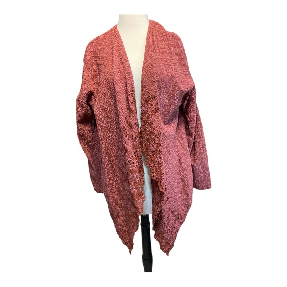 Elegant Rust Open-Front cut work seersucker cardigan waterfall hem L